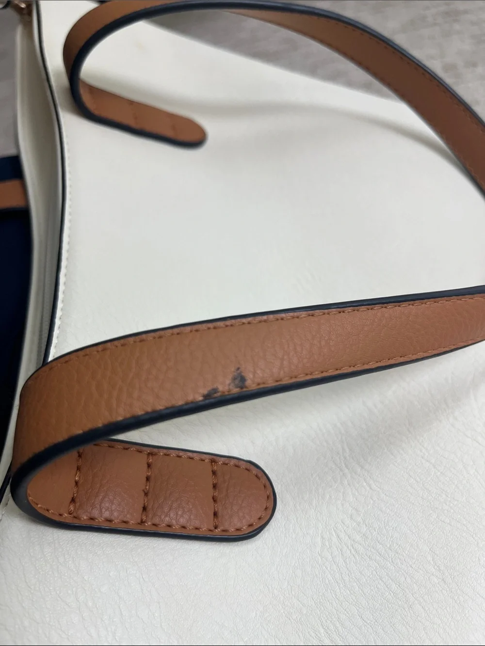 White Faux Leather Tote Bag Tan Handles Large Work Shoulder Bag Minimalist